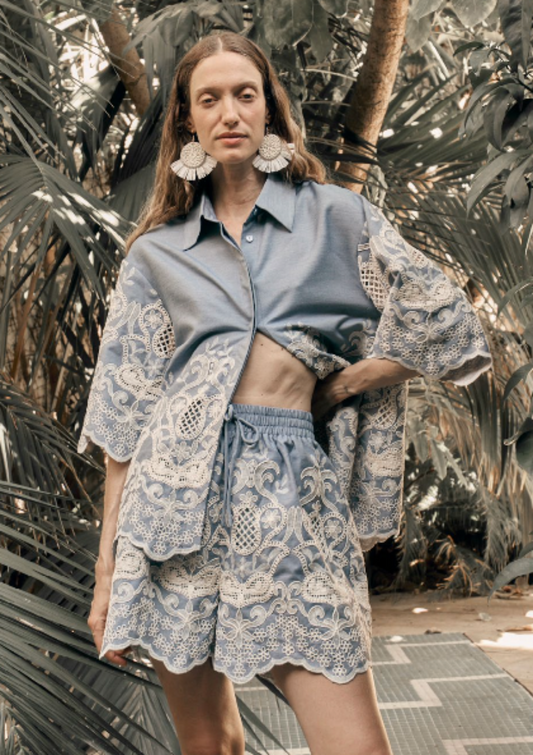 Embroidered Chambray Cropped Shirt