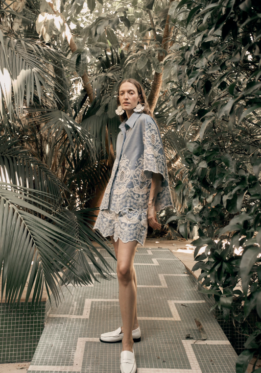 Embroidered Chambray High Rise Lined Shorts