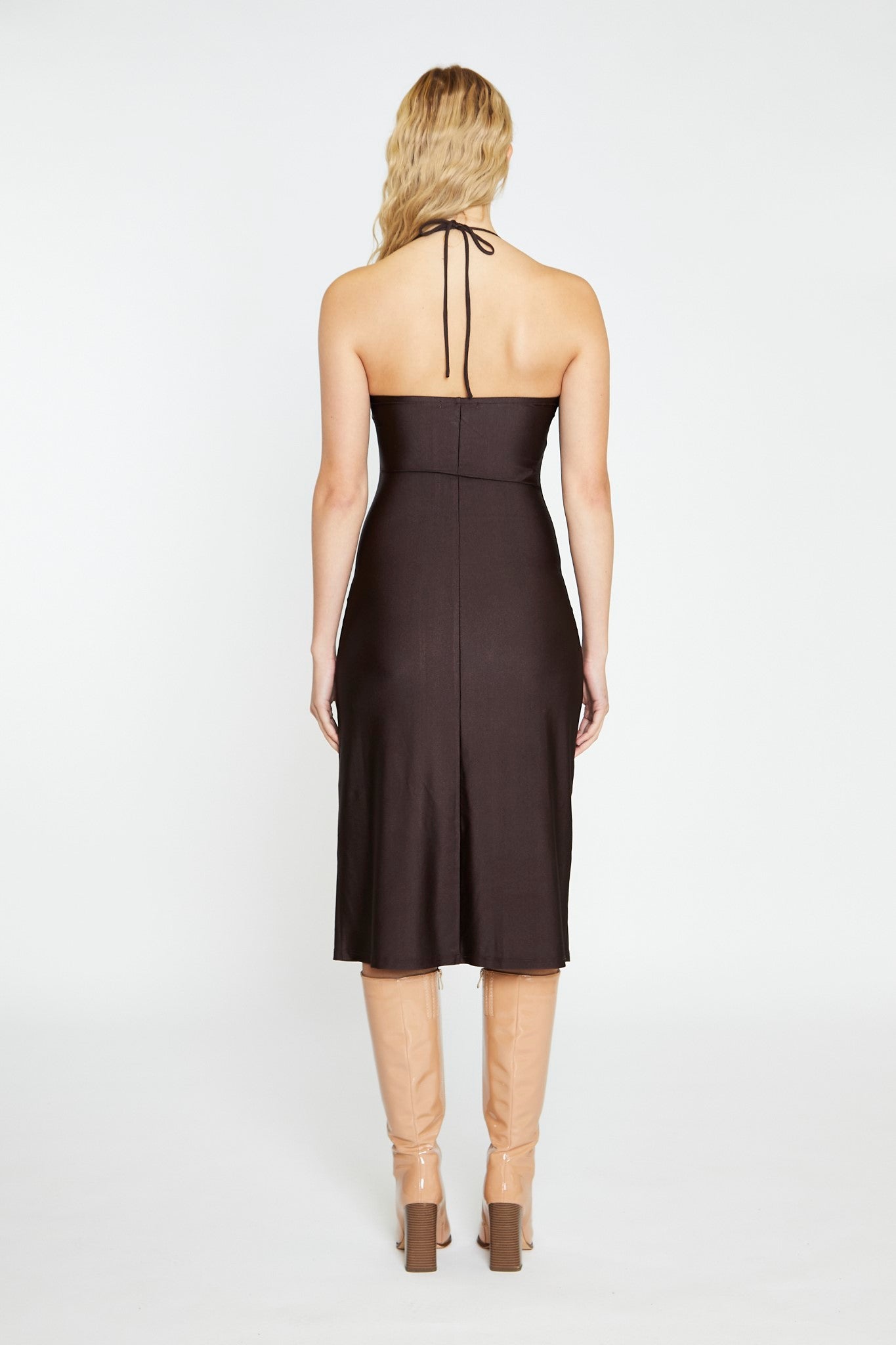 Dark Brown Square Halterneck Midi-Dress