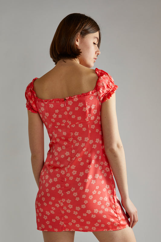 Coral-Pink Daisy Milkmaid Mini-Dress