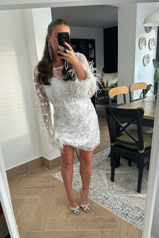 Clear-White Large-Sequin Feather Cuff Mini-Dress