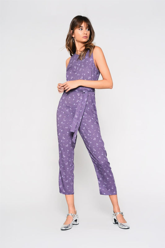 Dusty-Purple Floral Belted Jumpsuit