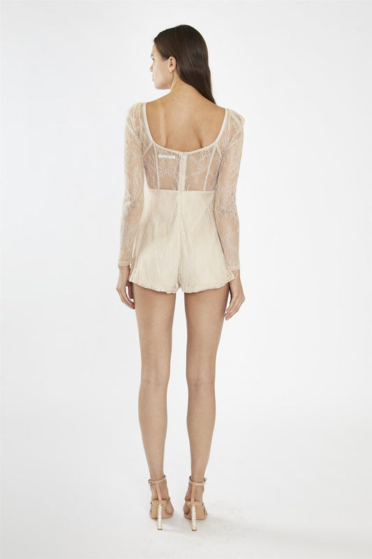 Nude-Lace Long Sleeve Playsuit