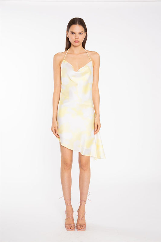 Yellow Print-Satin Asymmetric Cowl-Neck Mini-Dress