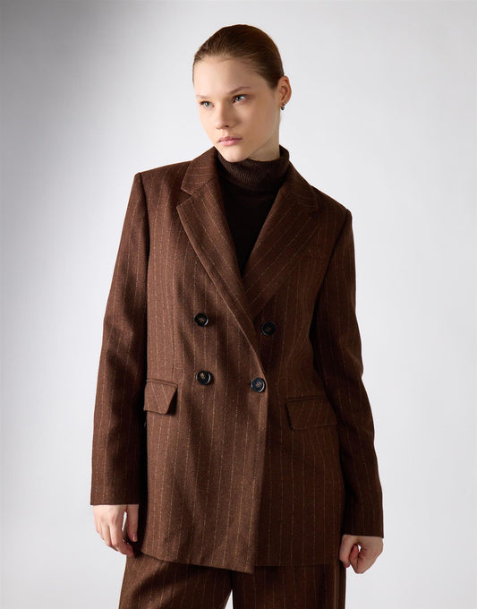 Narrated Brown Pinstriped Double-Breasted Suit Jacket