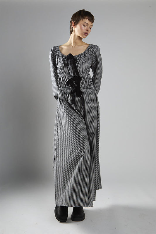 Black Check Velvet Bow Maxi Dress