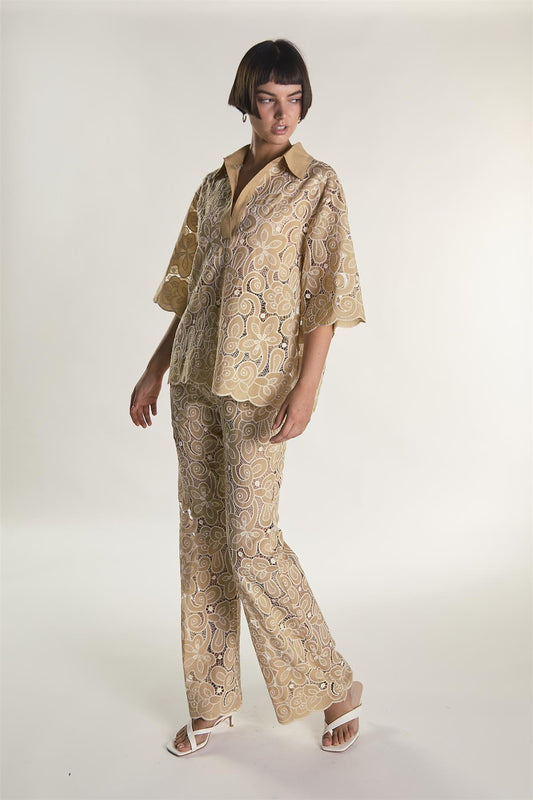 Sand Embroidered High Waisted Flared Trousers