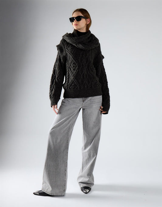Charcoal Scarf Knit Top