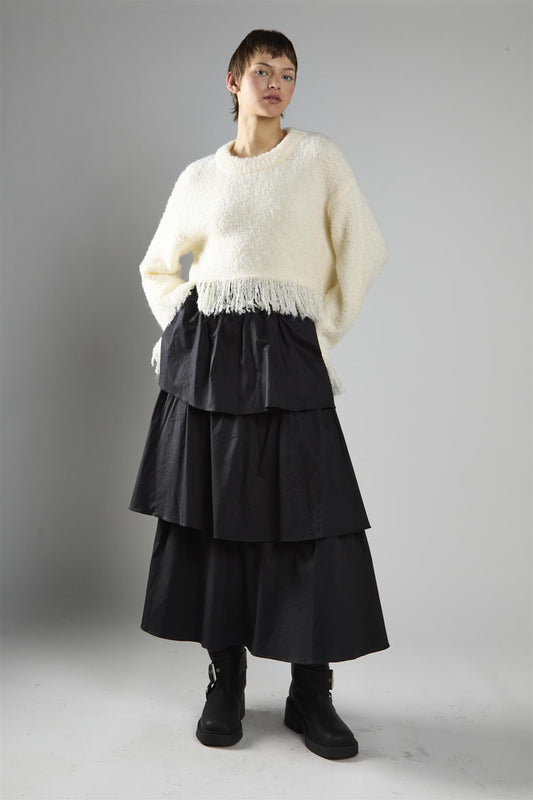 Cream Fringe-Trim Long Sleeve-Jumper