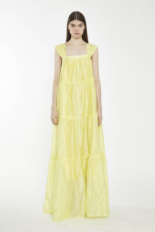 Lime Yellow Square-Neck Tiered Maxi-Dress