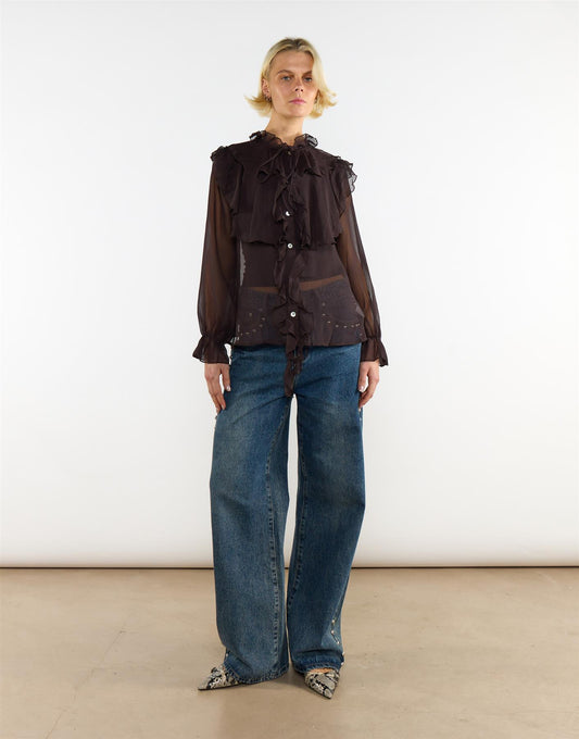 Button Front Ruffle Blouse - Deep Brown