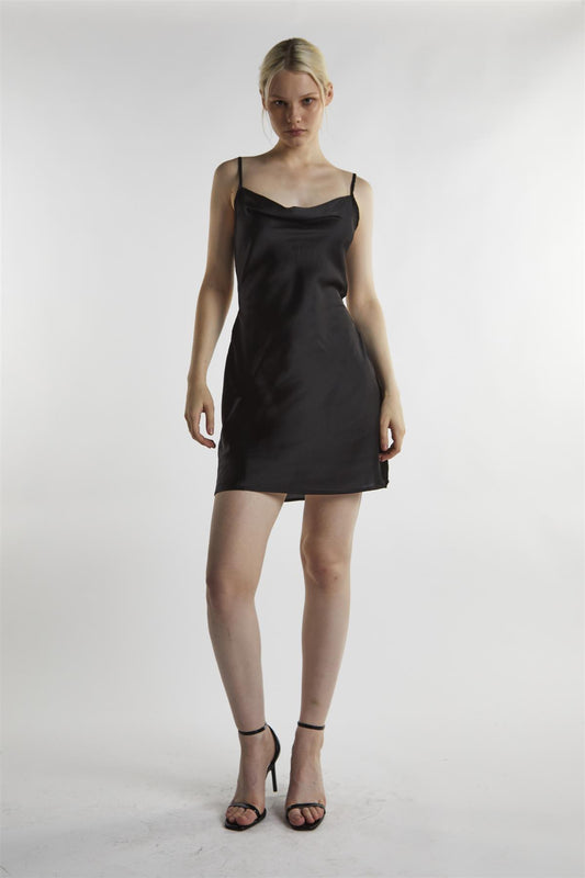 Black-Satin Tie-Back Mini-Dress