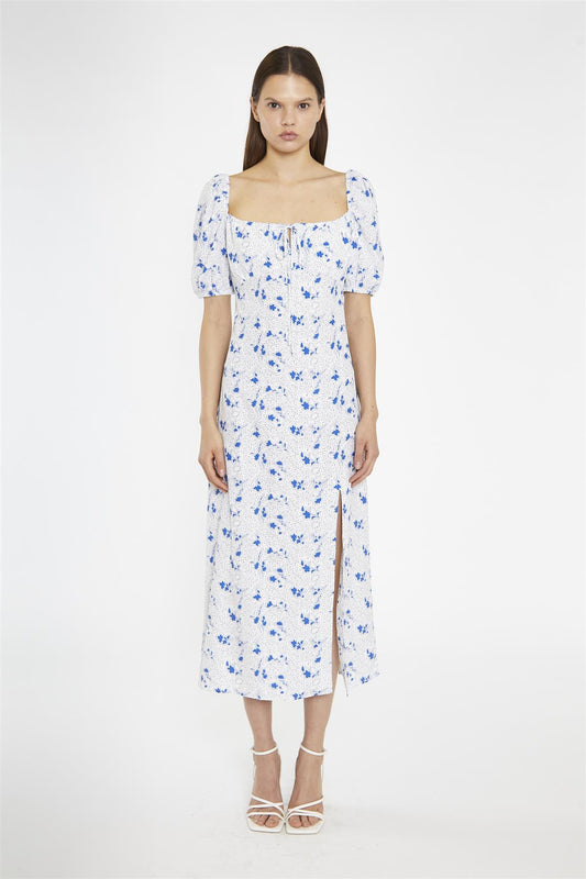 Blue Dot Vintage Floral Milkmaid Midi-Dress