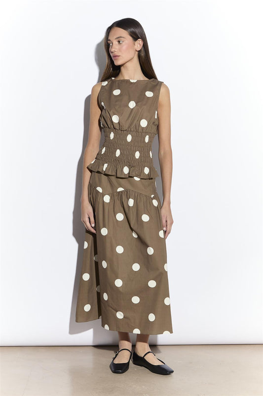 Taupe White Spot Sleeveless Shirred Top