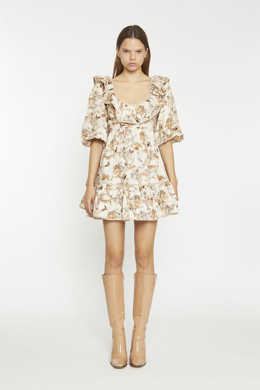 Tan-Multi-Blossom Ruffle-Neckline Mini-Dress