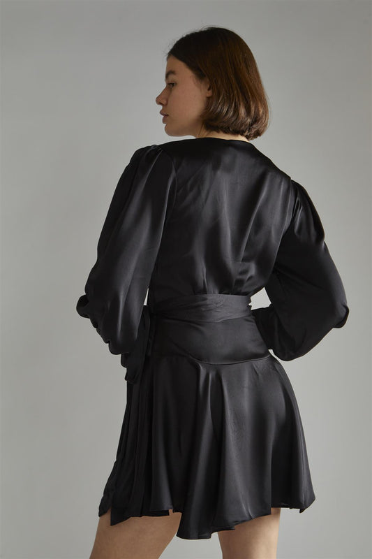 Black-Satin Wrap Mini-Dress