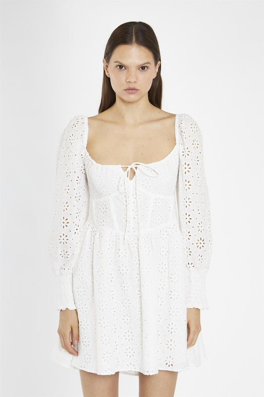 White-Broderie Lace-Up Corset Mini-Dress