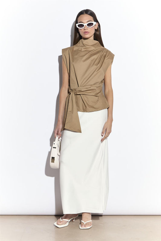 Sleeveless Belted Top in Tan Colour