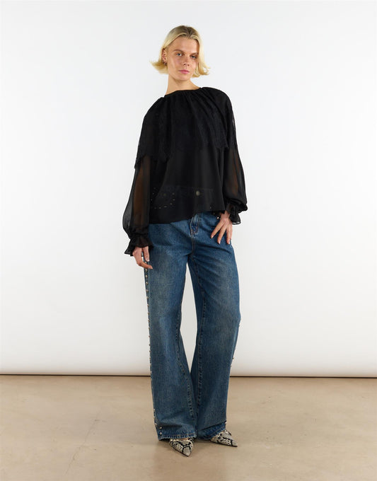 Lace Details Cape Blouse - Black