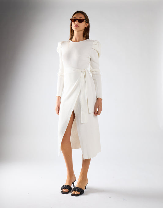 Glamorous Off White Puff Shoulder Split Midi Dress