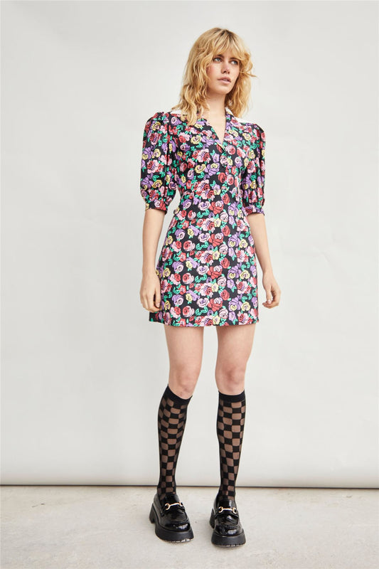 Multi Graphic Rose White Shirt Mini-Dresses