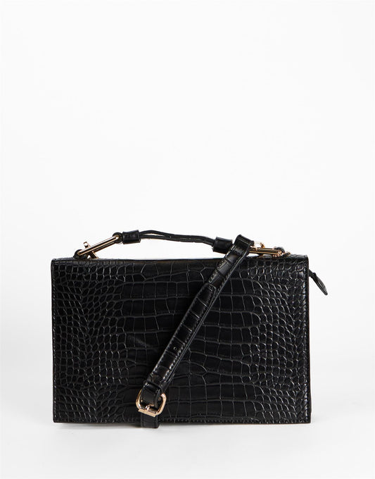Black Croc Top Handle Crossbody Bag