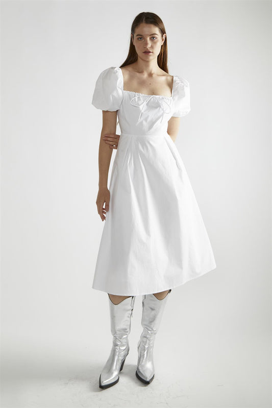 White Square-Neck Midi-Dress