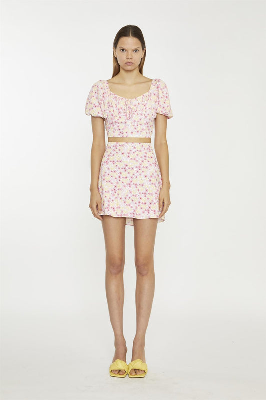 Pink Yellow Bunch Floral Short-Sleeve Tie-Detail Crop-Top