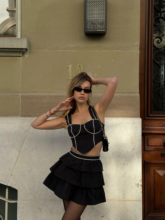 Black Diamante-Trim RaRa Mini-Skirt