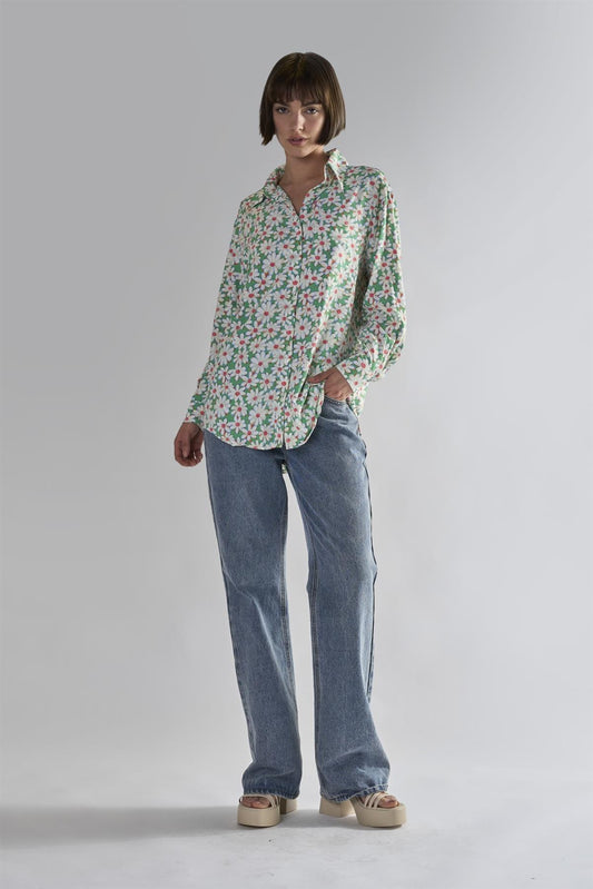 Green Daisy Collared Long Sleeve Tops