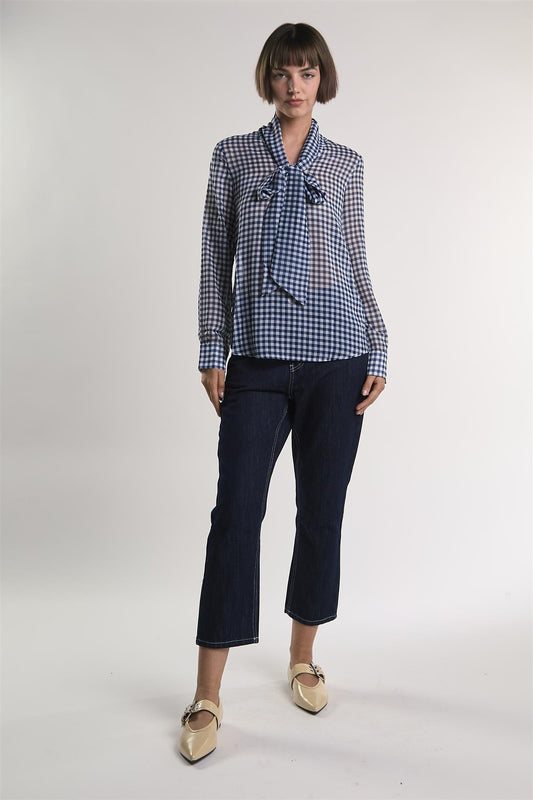 Navy/White-Gingham Front-Tie Long-Sleeve-Top