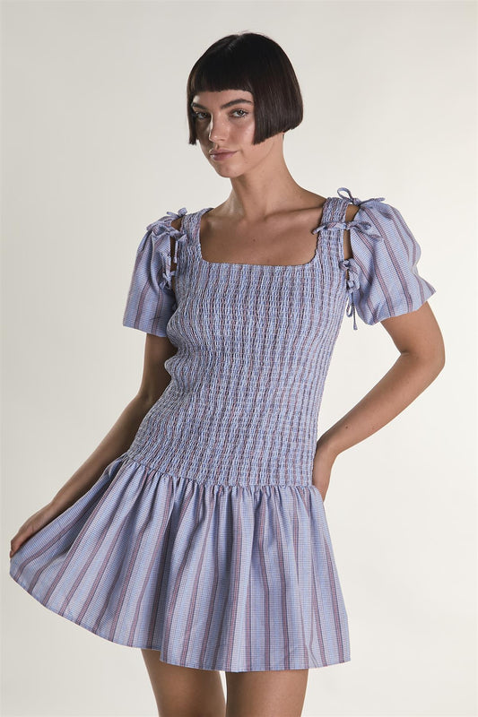 Blue Check Stripe Mini Dress with Bow Sleeves