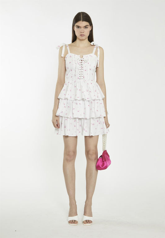 White Pink Floral Tiered Corset Mini-Dress