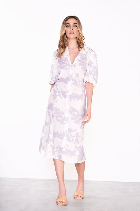 Misty-Lilac-Abstract Lapel-Collar Midi-Dresses