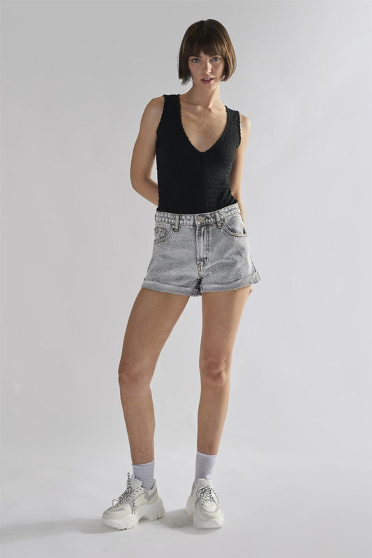 Black-Textured V Neck Ribbed Bodysuit
