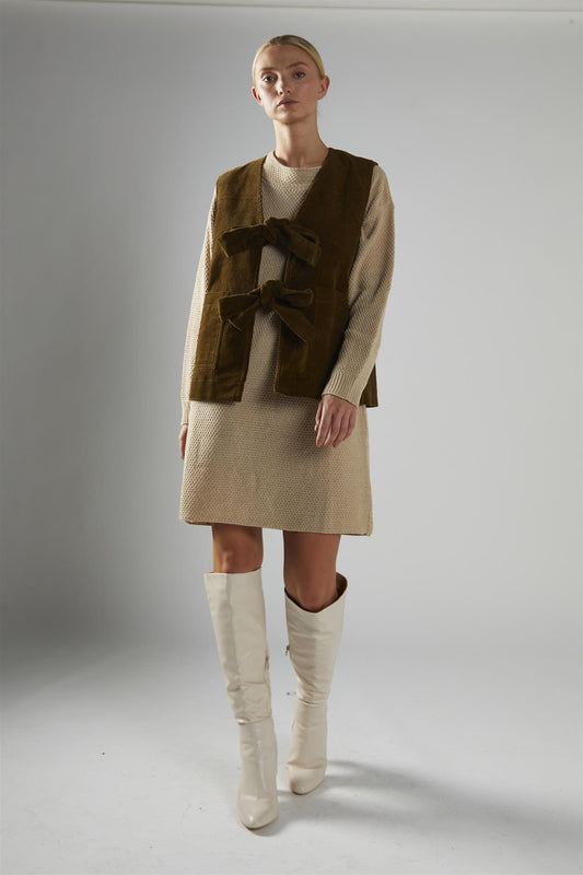 Olive-Brown-Cord Tie-Front Gilet