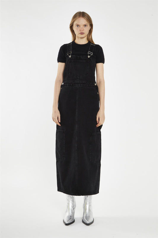 Washed-Black Denim Dungaree Midi-Dress