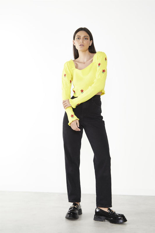 Yellow Floral-Print Long-Sleeve Jumper