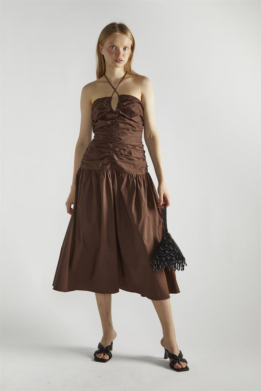 Brown Ruched Midaxi-Dress