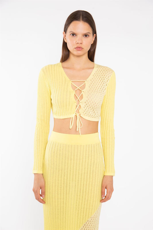 Lemon-Yellow Mix Knit Lace-Up Front Crop-Top