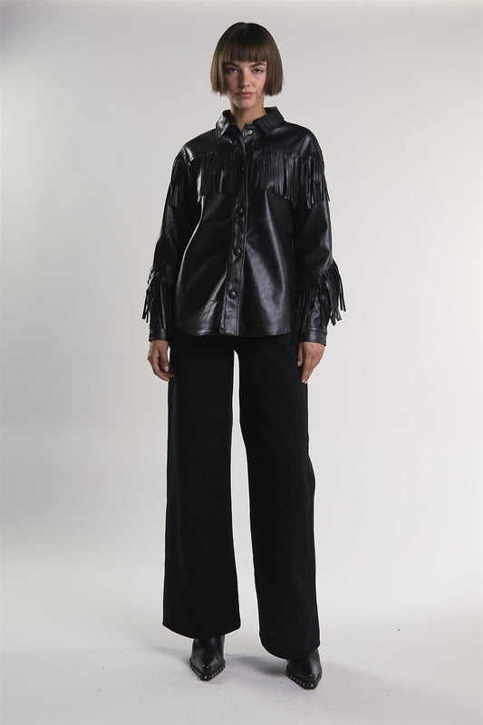Black PU Faux-Leather Fringe Shirt