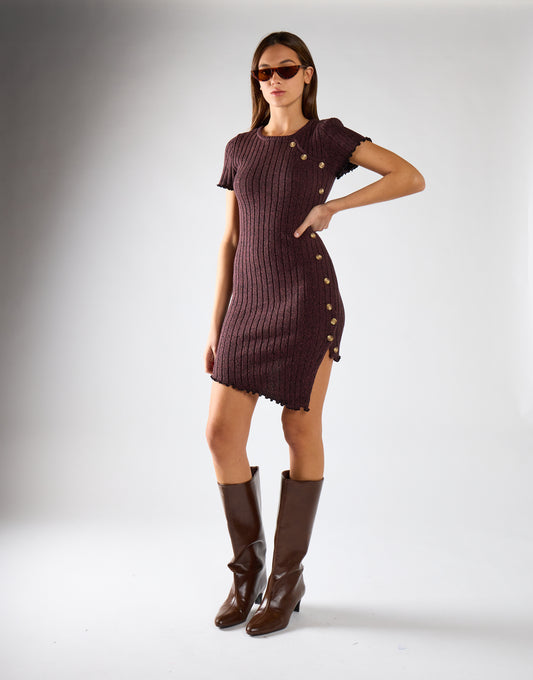 Burgundy-Black Twist Button-Side Mini Dress