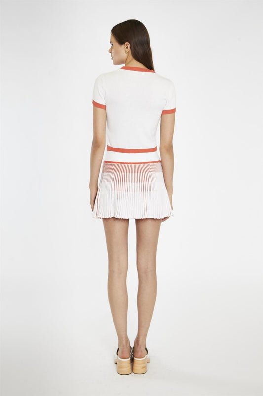 White-Coral Pleated Knit Mini-Skirt