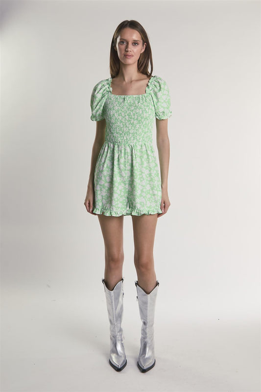 Green-Floral Square-Neck Short Sleeve-Playsuit