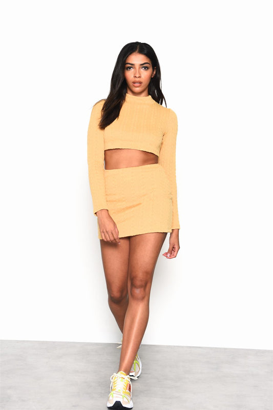 Golden-Yellow Cable-Knit-Long-Sleeve Crop-Top