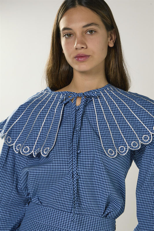 Navy Multi Check Embroidered Collar Long Sleeve Blouse