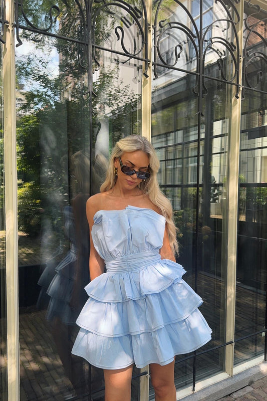 Light Blue Tiered Pleated Mini-Dress