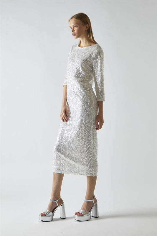 Silver-Iridescent Sequin A-Line Midaxi-Dress