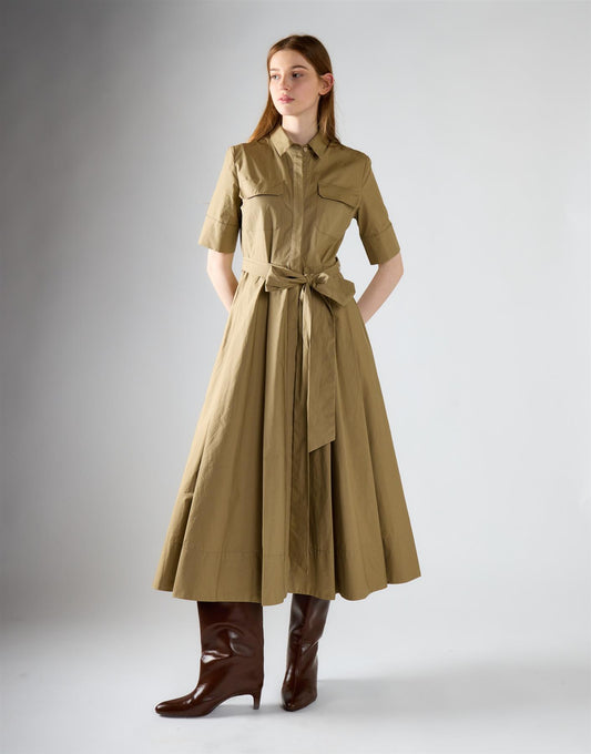 Khaki Pleated Tie Waist Maxi Dress