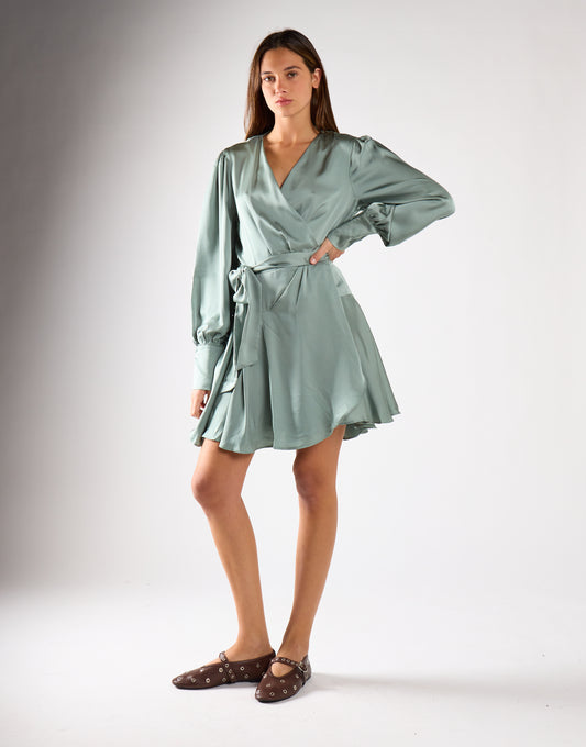 Dusty-Green Satin Wrap Mini-Dress